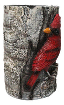 Red Cardinal Faux Birchwood Tree Pillar Candle Holder Rustic Songbird Figurine