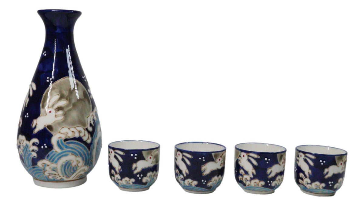 Blue Moon Rabbit With Waves Porcelain Sake Carafe Flask And 4 Ochoko Cups Set