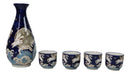 Blue Moon Rabbit With Waves Porcelain Sake Carafe Flask And 4 Ochoko Cups Set