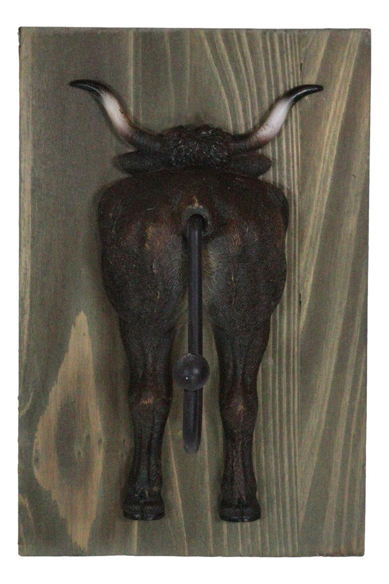 Set of 3 Rustic Western Steer Bulls Hind Butt Coat Wall Hooks With Wooden Plaque
