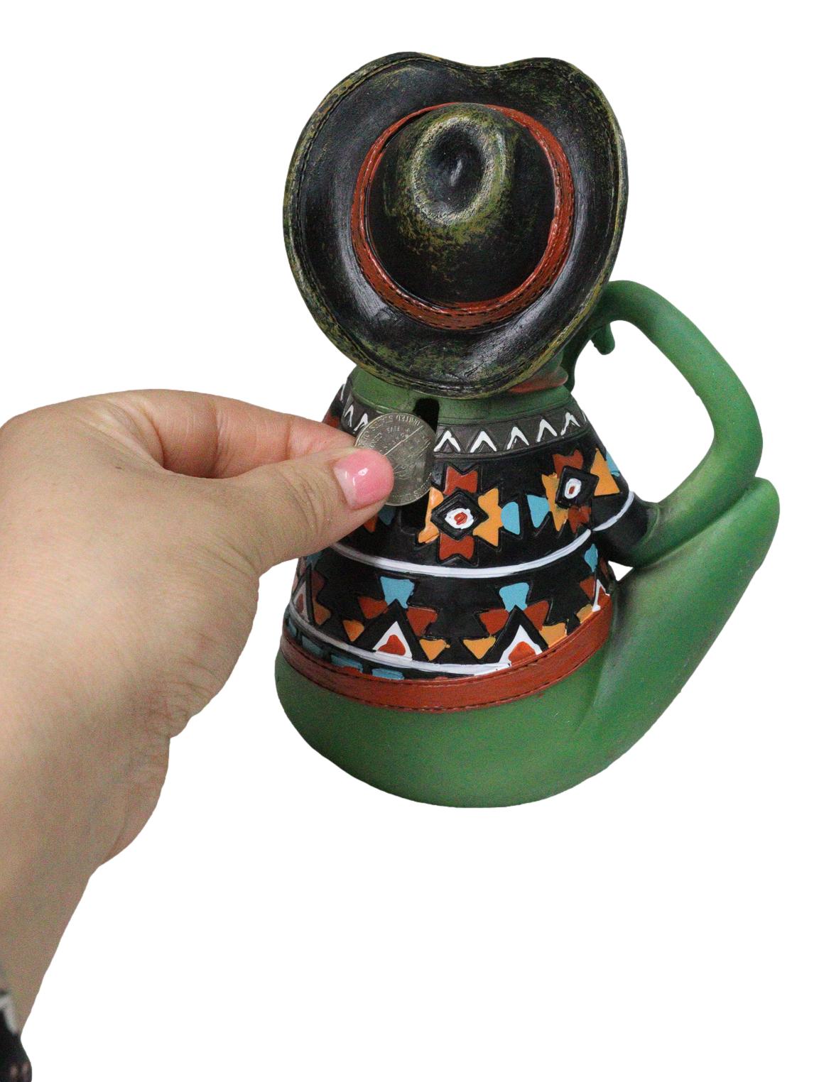 Western Green Cowboy Toad Frog with Black Hat Boots and Aztec Serape Figurine