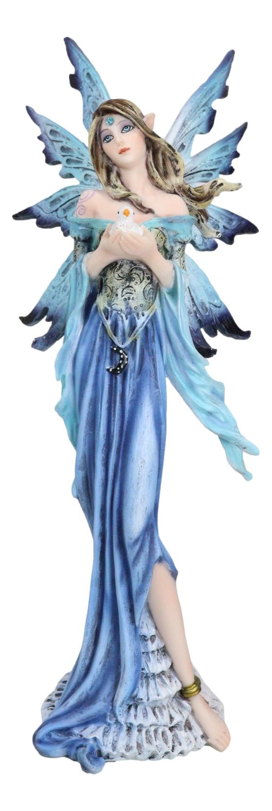 Enchanted Lady Damsel Fairy in Blue Corset Gown Holding Little Bird Figurine