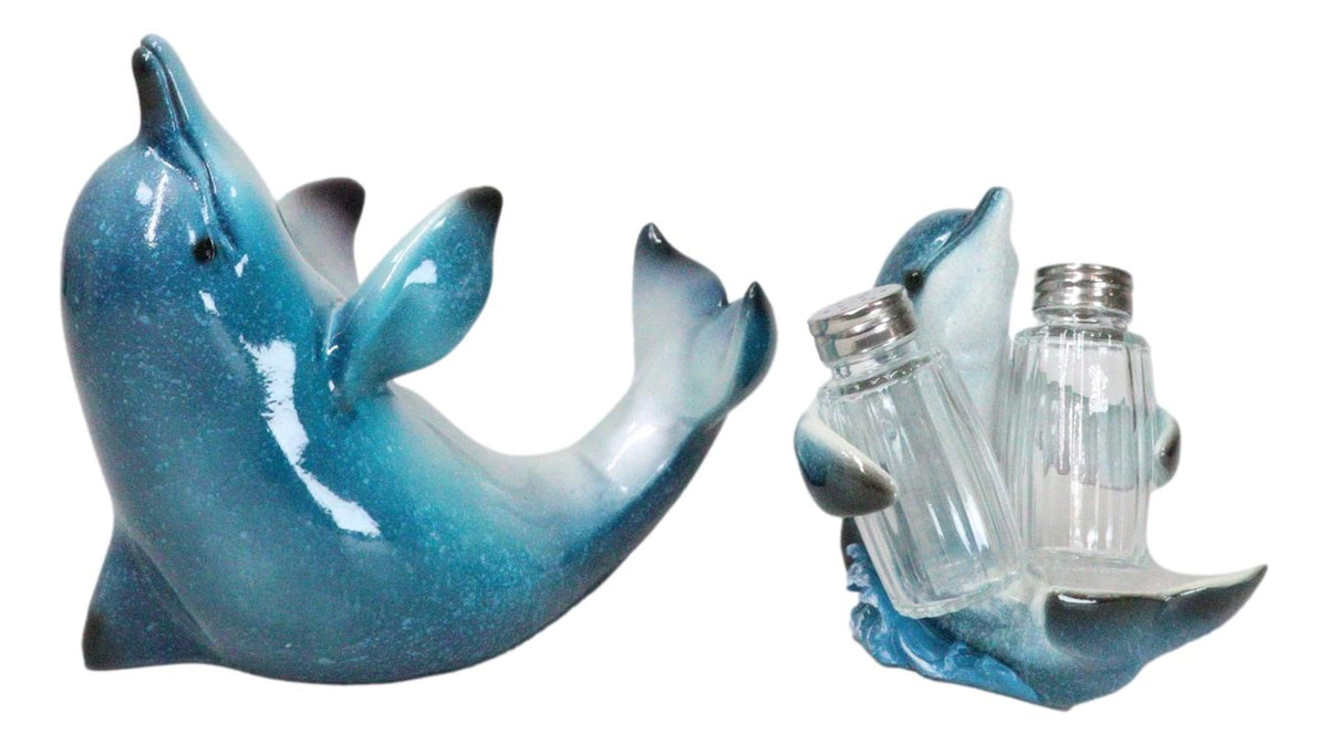 Set Of 2 Ocean Marine Dolphin Fish Wine Bottle And Salt Pepper Shakers Holders - Ebros Gift