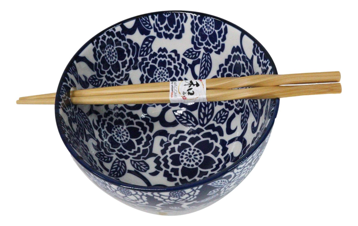 Blue Botanica Floral Blossoms 20Oz Donburi Ramen Soup Bowl With Chopsticks Set
