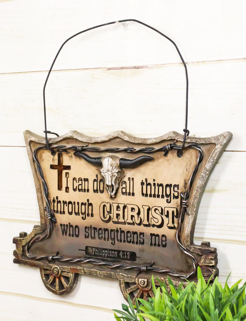 Western Chuckwagon With Longhorn Cow Skull Barbed Wires Bible Verse Wall Decor