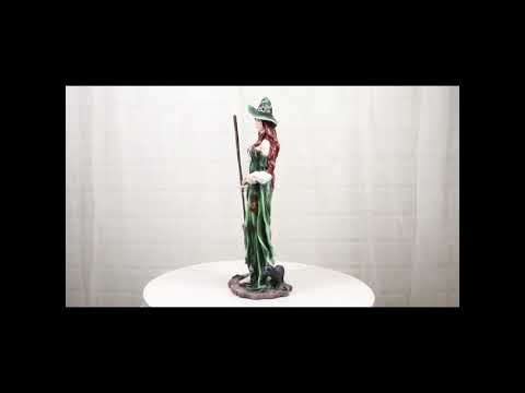 Green Witch with Broomstick and Black Cat Figurine | Ebros Gift