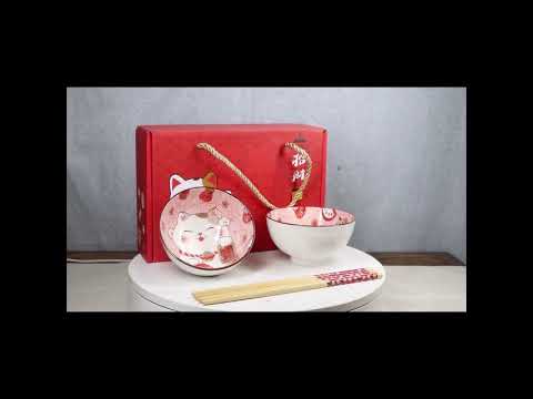 Set of 2 Lucky Cat Maneki Neko Red Ceramic 12oz Bowls With Bamboo Chopsticks