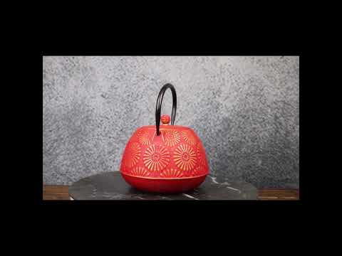 Red Gold Chrysanthemum Cast Iron Teapot 40oz | Ebros Gift