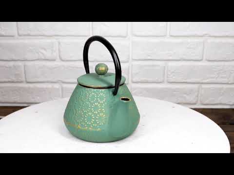 Green And Gold Chrysanthemum Textured Petite Cast Iron Teapot 10oz Tea Pot