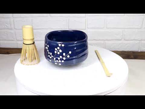 Navy Blue Sakura Blooms Ceramic Japanese Matcha Green Tea Bowl Whisk & Scoop Set