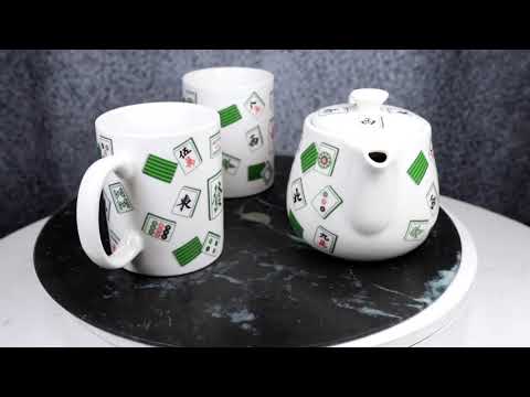 Green White Chinese Mahjong Tiles Ceramic Tea Pot 15oz And 2 Cup Mugs 11oz Set