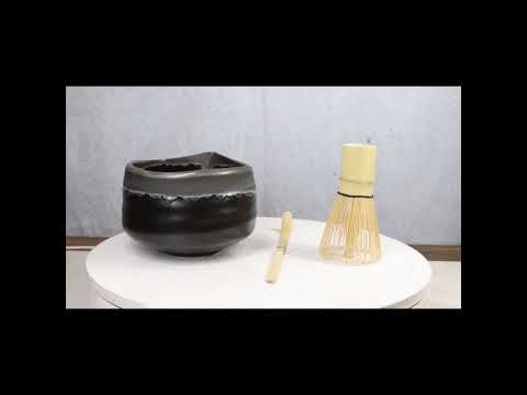 Black And Grey Charcoal Ceramic Japanese Matcha Green Tea Bowl Whisk & Scoop Set