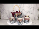Maroon Grey Tombo Dragonfly With Flowers Hexagonal Teapot With 4 Tea Cups Set