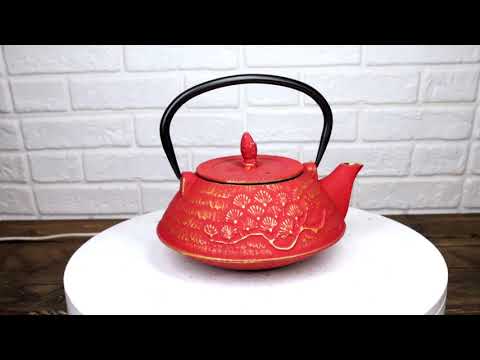 Red And Gold Traditional Ginko Tetsubin Medium Cast Iron Teapot 28oz Tea Pot