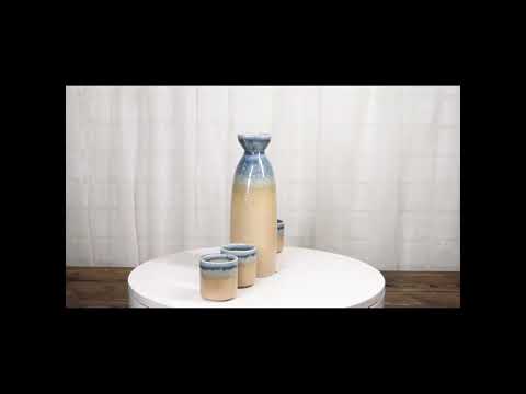 Blue Brown River Ao Nagashi Porcelain Sake Carafe Flask 9oz & 4 Ochoko Cups Set