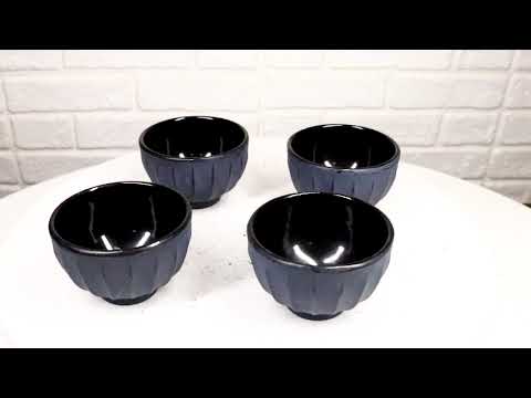 Dark Gray Ridged Lines Japanese Tetsubin Style Cast Iron Tea Cups Set of 4