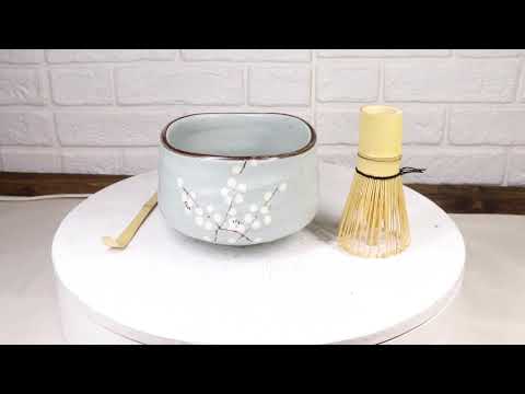 Plum Blue Sakura Blooms Ceramic Japanese Matcha Green Tea Bowl Whisk & Scoop Set
