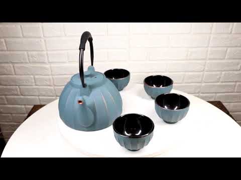 Blue Cast Iron Teapot 33oz with 4 Tea Cups | Ebros Gift