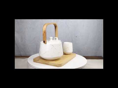 White Marble Vein Porcelain 22oz Teapot And 2 Tea Cups With Bamboo Tray Set