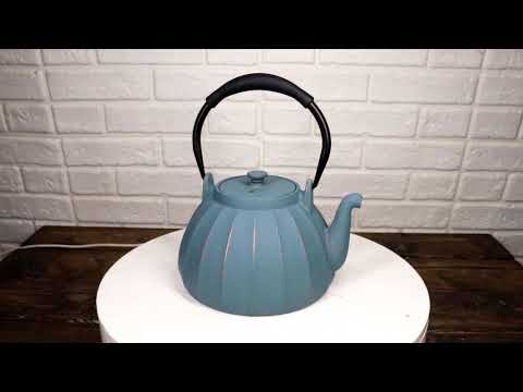 Blue Gold Streaks Wide Base Vertical Lines Medium Cast Iron Teapot 33oz Tea Pot