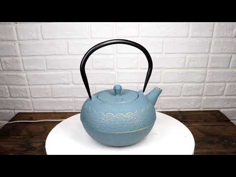 Round Teal Blue Seigaiha Waves Large Cast Iron Tetsubin Teapot 40oz Tea Pot