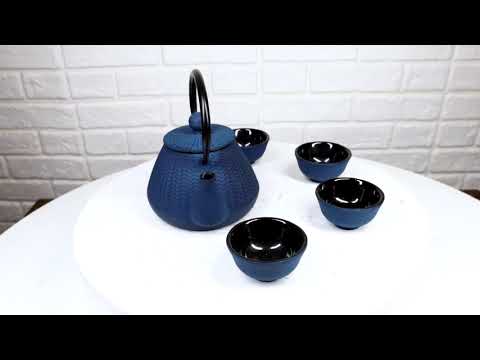 Royal Blue Tokusa Geometry Petite Cast Iron Teapot 10oz With 4 Mini Tea Cups Set
