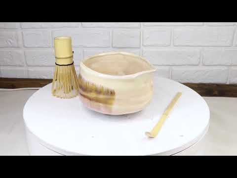 Cream Brown Brushstroke Ceramic Japanese Matcha Green Tea Bowl Whisk & Scoop Set