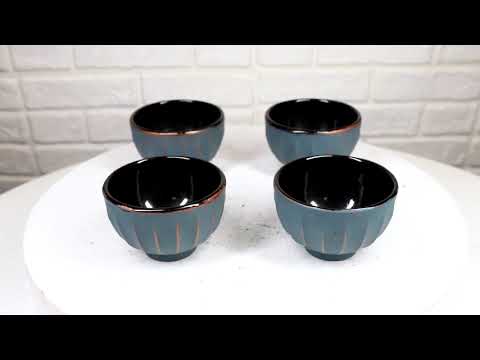 Blue Gold Ridged Lines Japanese Tetsubin Style Cast Iron Tea Cups Set of 4