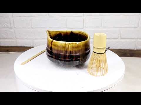 Brown Black Waterfall Ceramic Japanese Matcha Green Tea Bowl Whisk & Scoop Set