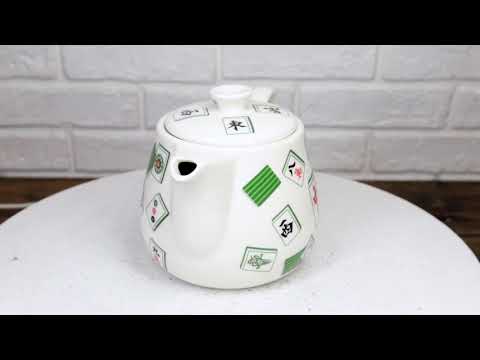 Green And White Iconic Chinese Mahjong Tiles Ceramic Tea Pot 15oz With Strainer