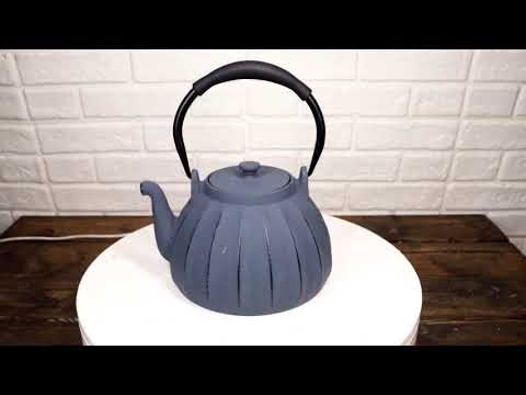 Dark Gray Wide Base Vertical Lines Design Medium Cast Iron Teapot 33oz Tea Pot