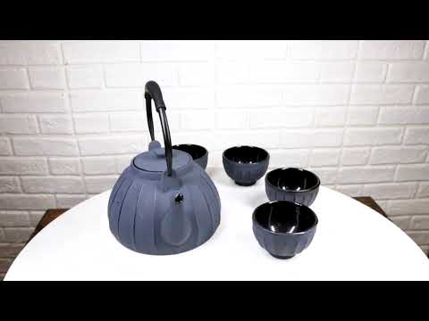 Gray Vertical Lines Design Tetsubin Cast Iron Teapot 33oz And 4 Tea Cups Set