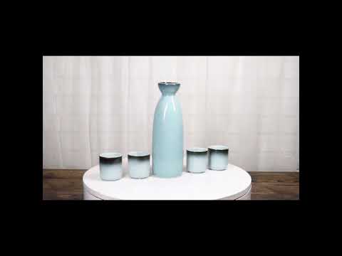 Blue Sky And Stars Seikai Porcelain Sake Carafe Flask 9oz & 4 Ochoko Cups Set
