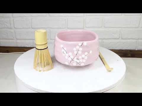 Pink Sakura Blossoms Ceramic Japanese Matcha Green Tea Bowl Whisk & Scoop Set