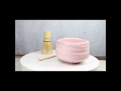 Pink White Brushstroke Ceramic Japanese Matcha Green Tea Bowl Whisk & Scoop Set