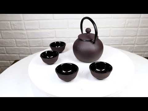 Round Dark Brown Textured Petite Cast Iron Teapot 10oz With 4 Mini Tea Cups Set