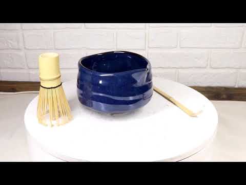 Glossy Navy Blue Ceramic Japanese Matcha Green Tea Bowl Whisk & Scoop Set