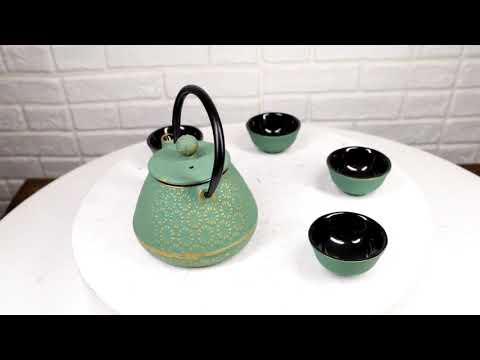 Chrysanthemum Green Gold Petite Cast Iron Teapot 10oz With 4 Mini Tea Cups Set