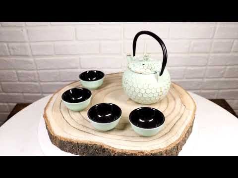 Mint Green Honeycomb Petite Cast Iron Teapot 10oz With 4 Mini Tea Cups Set