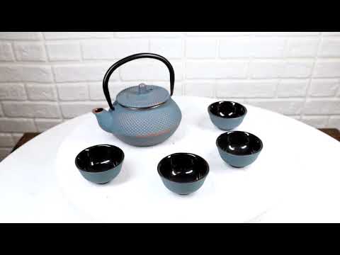 Sky Blue Hobnails Textured Petite Cast Iron Teapot 10oz With 4 Mini Tea Cups Set