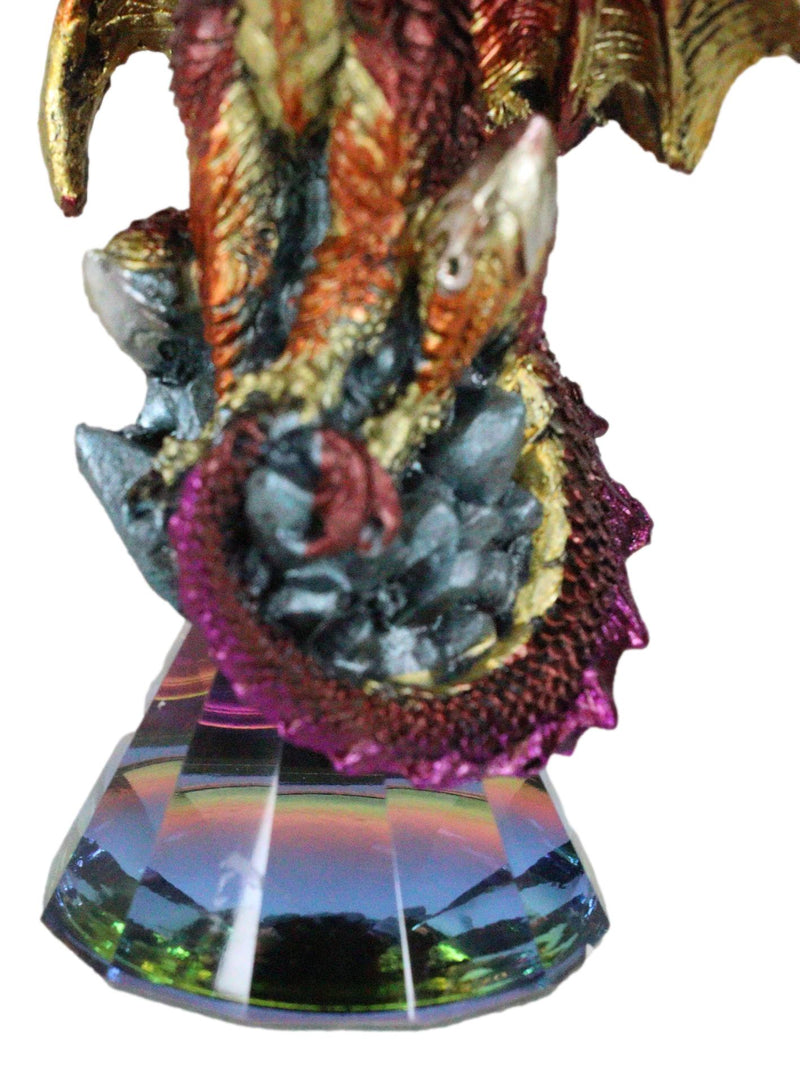 Red Iridescent Armored Rainbow Wyrmling Dragon On Faux Crystal Prism Figurine