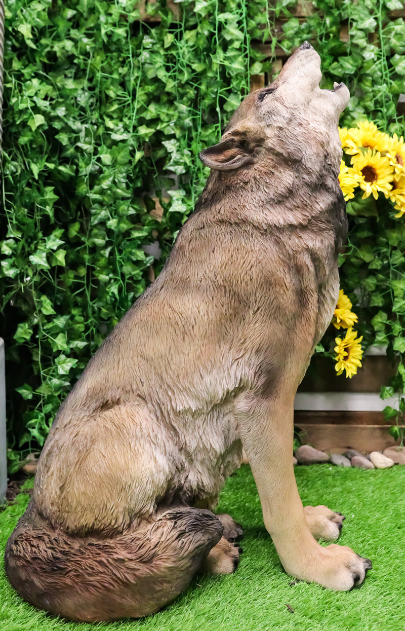Large Wildlife Sitting Alpha Wolf Howling At The Moon Statue Decor 33.25" Tall