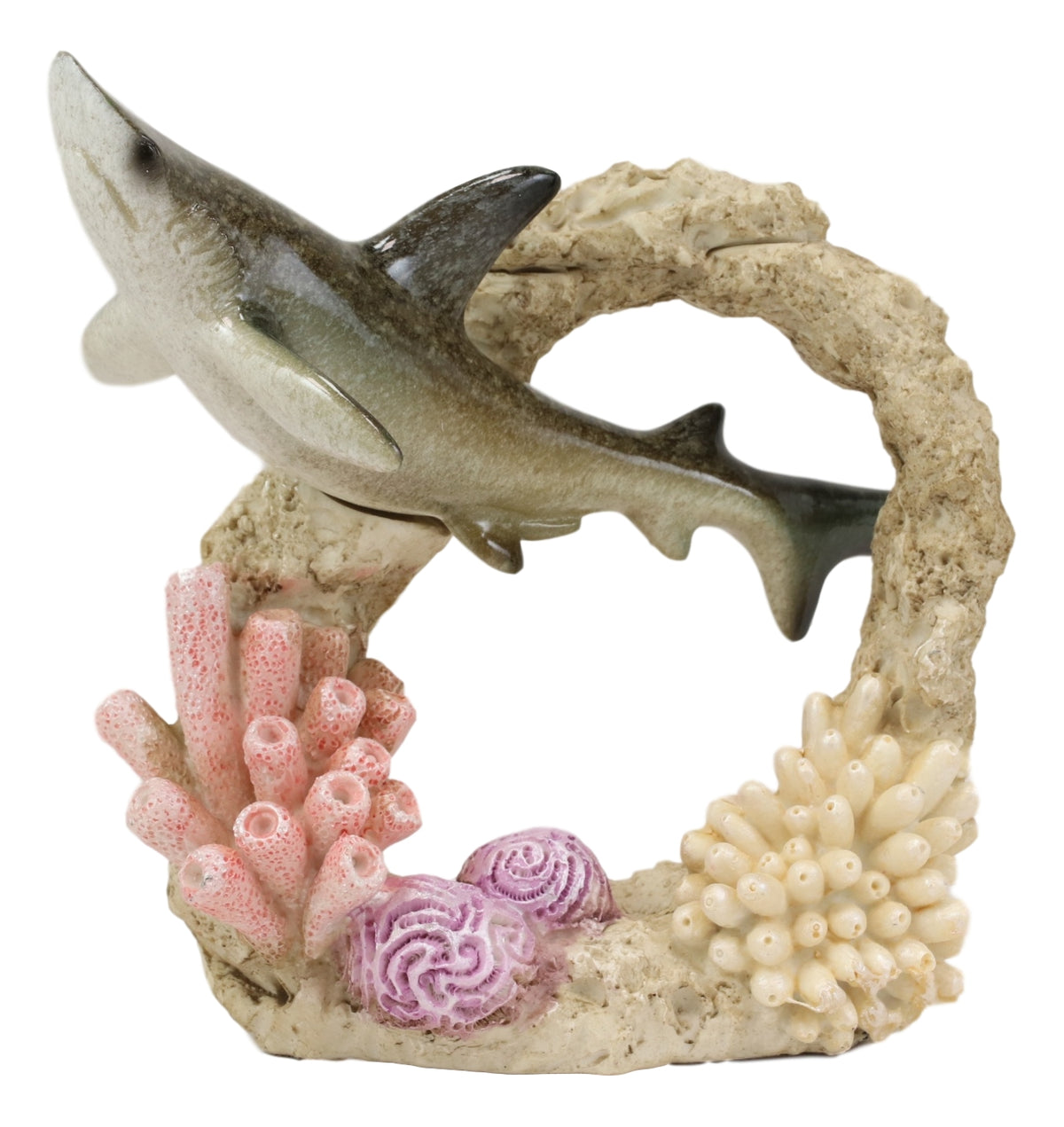 Ebros Nautical Great White Shark Fish Swimming By Coral Reef Decorative Statue