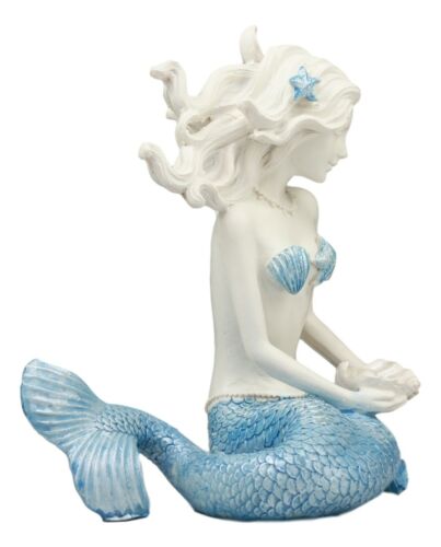 Nautical Ocean Goddess Pretty Mermaid With Blue Tail Holding Pearl Shell Statue