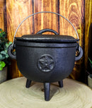 Cast Iron Occult Wicca Pentagram Star In Circle Cauldron With Handle and Lid