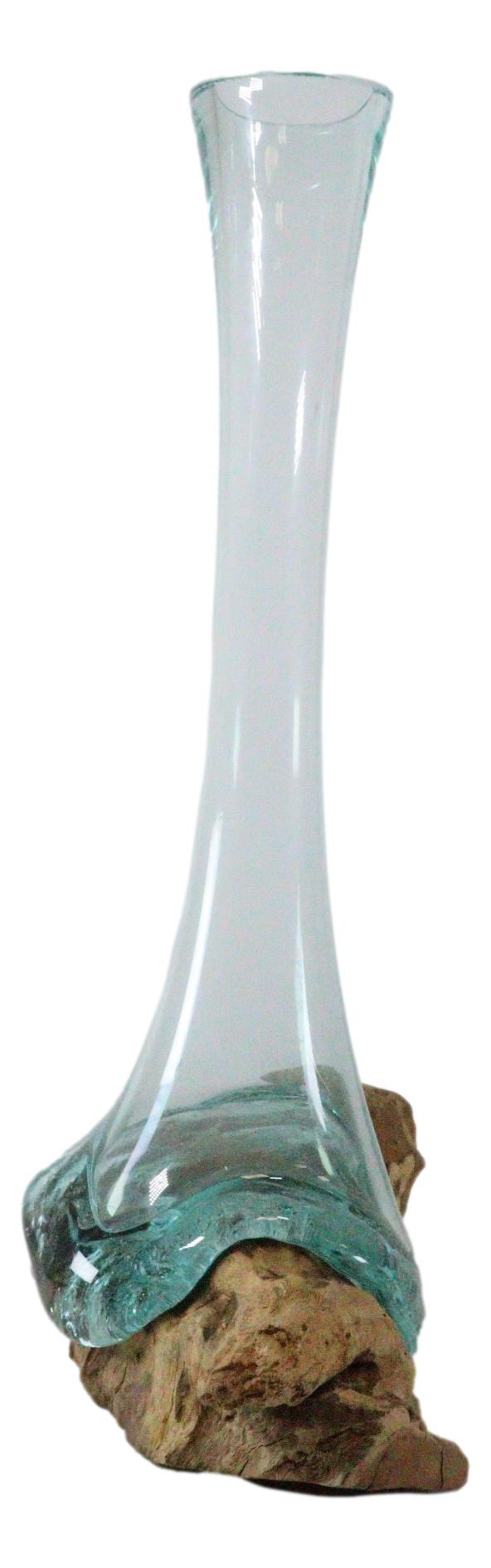 Balinese Gamal Driftwood With Long Necked Hand Blown Molten Glass Floral Vase - Ebros Gift