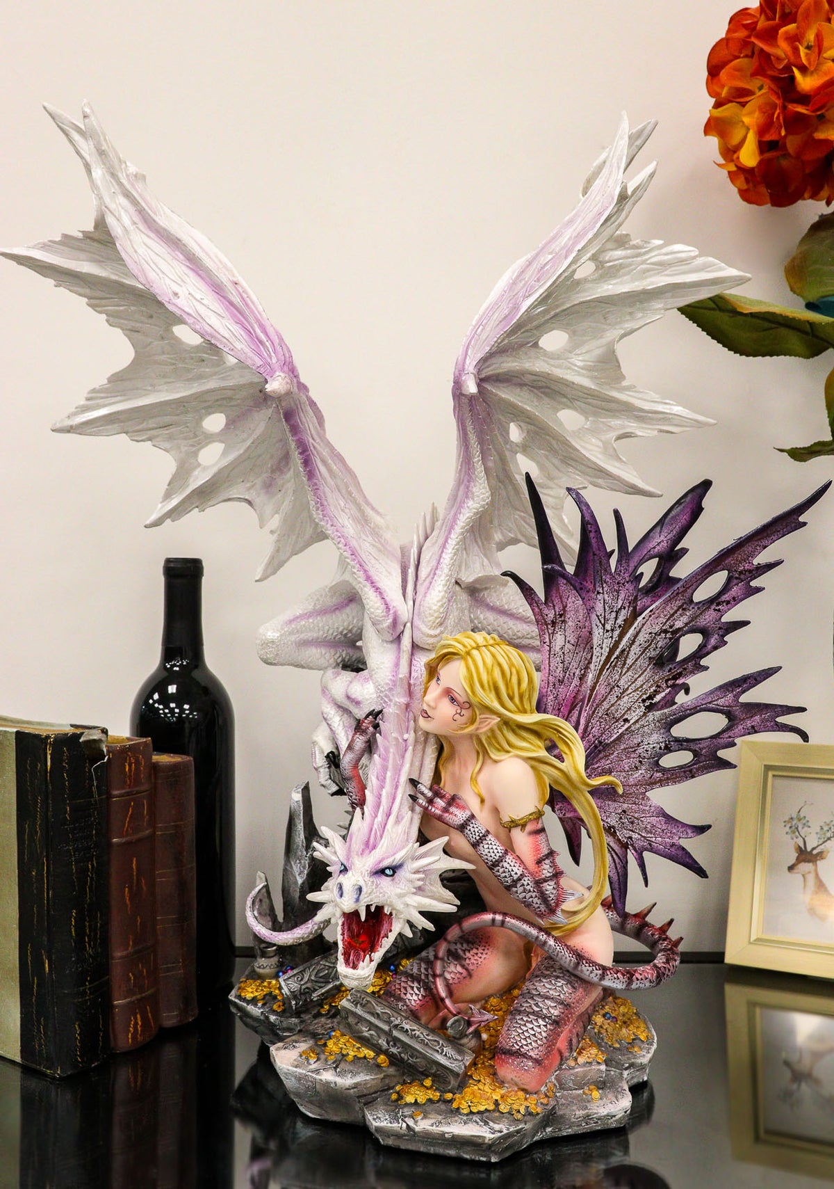 Large 22.75"H Red Reptile Fairy With Roaring White Dragon By Treasures Statue