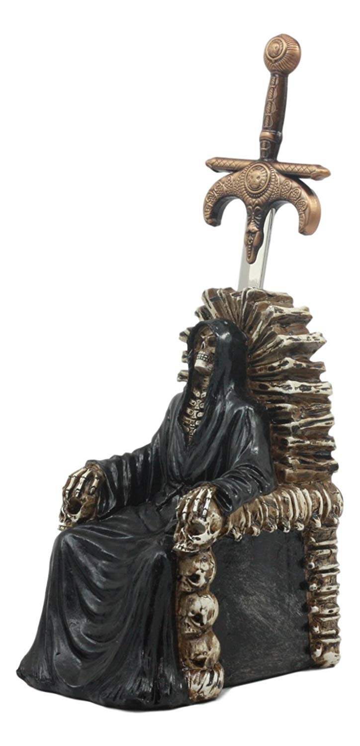 Ebros Legend Of The Swords Night King Grim Reaper Seated On Ossuary Skulls Throne Letter Opener Statue With Blade Of Ragnarok Sword 8.25"Tall For Study And Office Desktop Decor Statue
