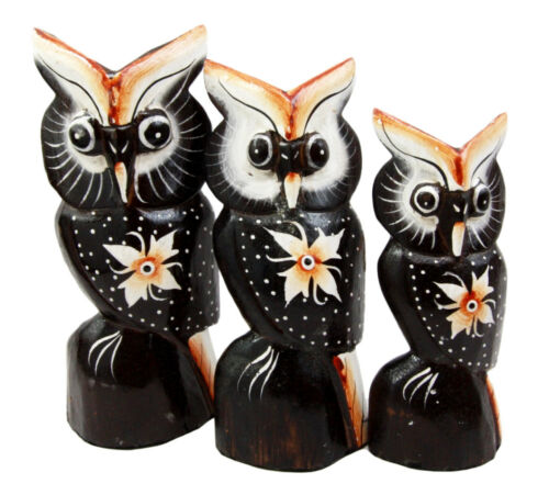 Balinese Wood Handicrafts Star Flower Night Owl Family Set of 3 Figurines 7.5"H