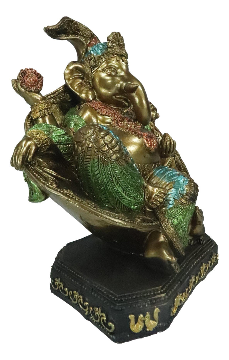 Vastu Hindu God Ganesha Wearing Peacock Train Seated On Peepal Leaf Figurine